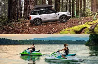 Ford Bronco Sport and Two 2023 Yamaha EX Deluxe Waverunners on the water