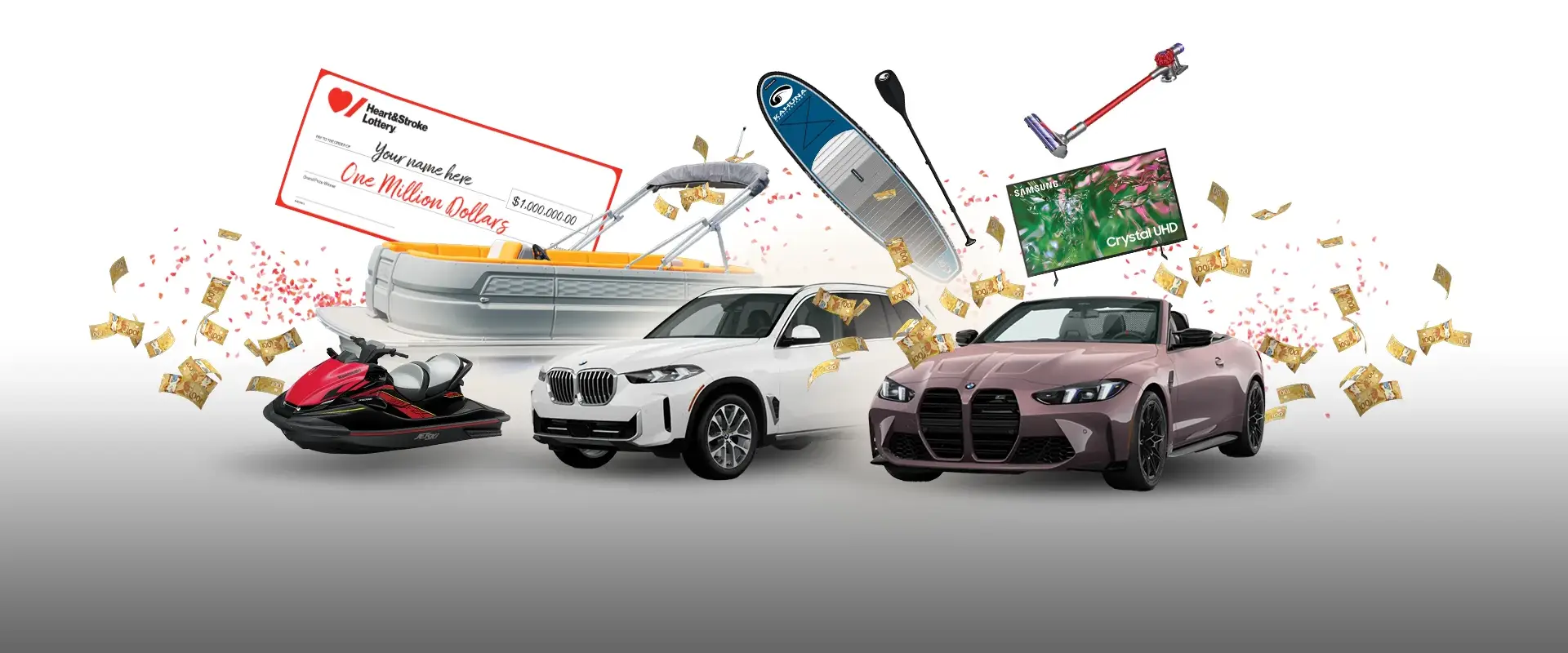 Assortment of prizes displayed, including luxury cars, flying cash, electronics, and home appliances.