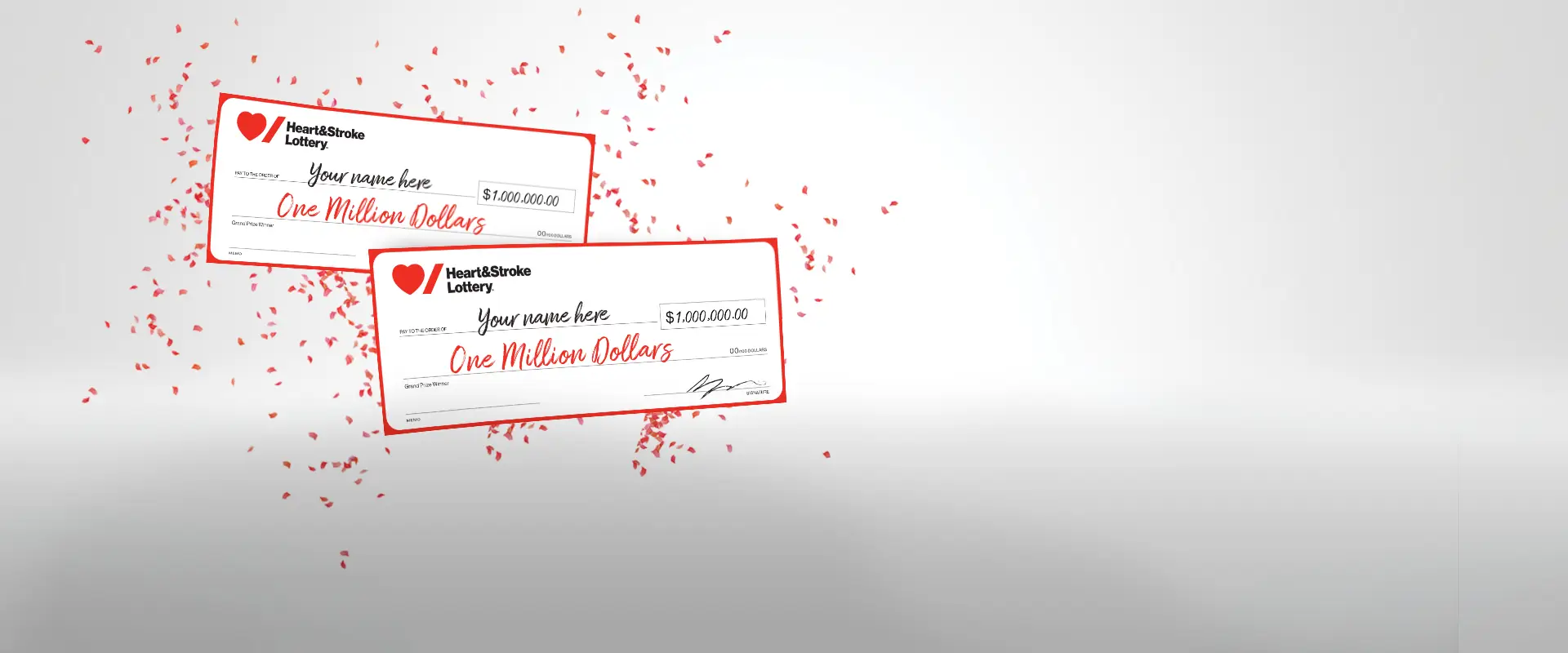  Image of two oversized novelty checks, each displaying a winning amount of $1 million, amidst a flurry of celebratory red confetti.