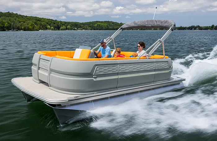 A thrilling image of a Legend pontoon boat soaring through the water.