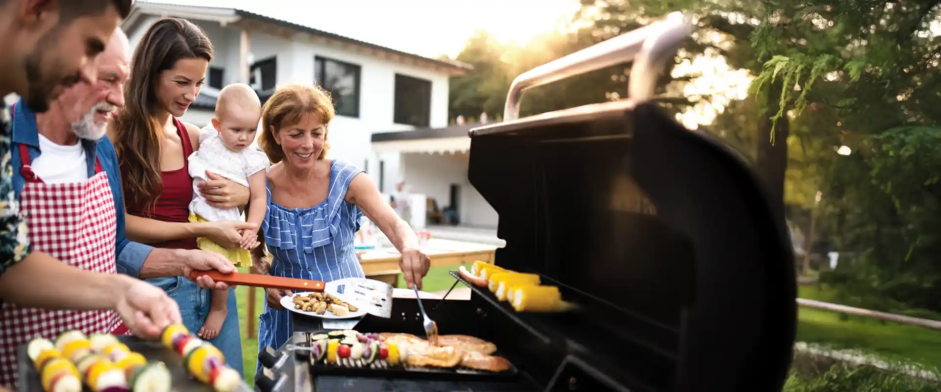  Family gathered around a barbecue, drawn to the mouthwatering skewer.
