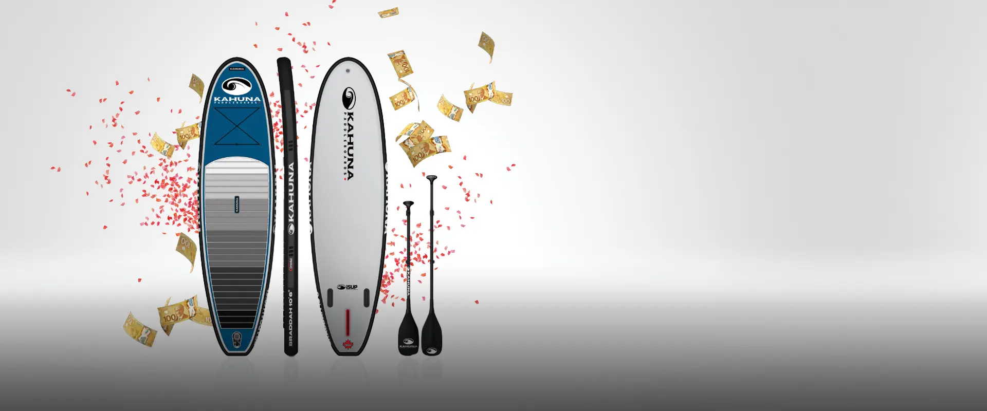 A paddleboard set, cash bills fluttering in the air, and bursts of red confetti, visually representing the enticing prizes available.