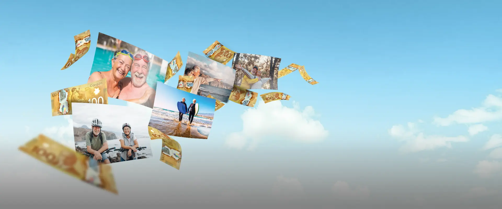 Banknotes flutter against a blue sky, interspersed with photos of a senior couple fulfilling their bucket list dreams.