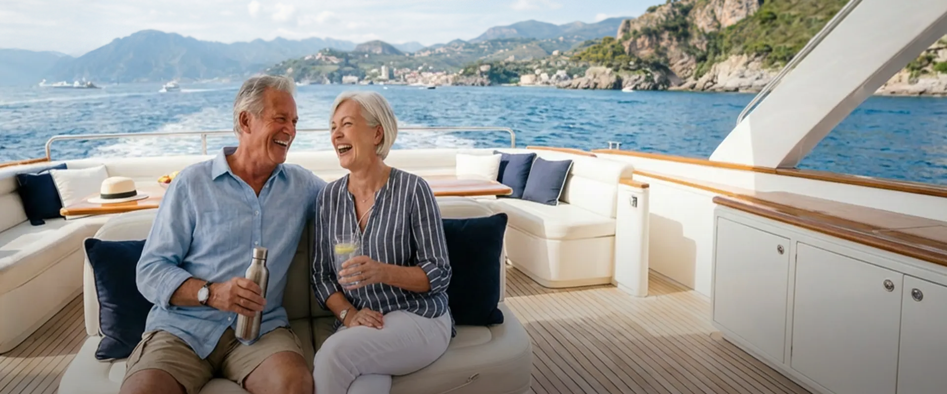 Alt text: A senior couple relaxes together cheerfully on a luxury boat, enjoying drinks while seated on cushioned benches, with a blue sea and hillside homes in the background under clear skies. 