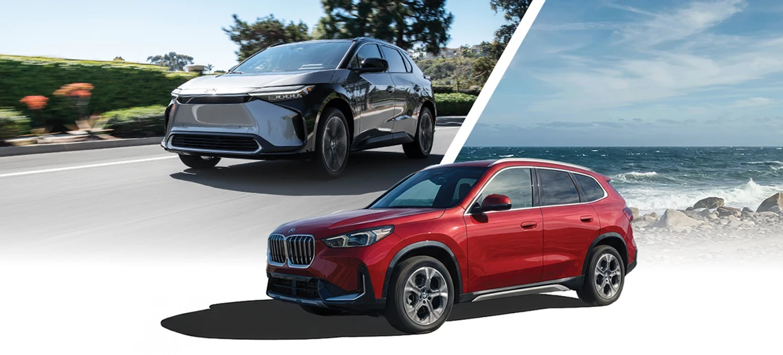A BMW X1 and Toyota bZ4X. 