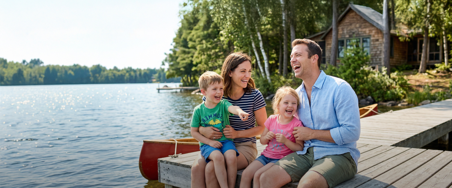 A family of four sits together on a wooden dock by a calm lake and a cozy lakeside cabin in the background on a sunny day.