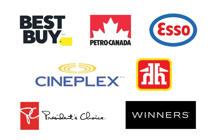 Showcasing 7 retailer logos where winners can redeem their gift cards for.