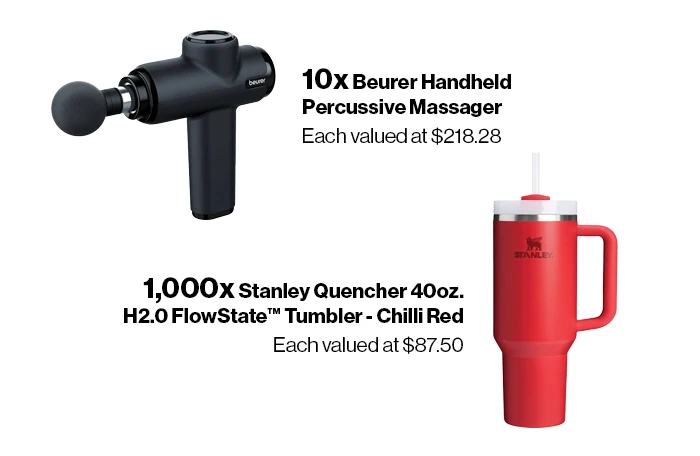 Showcasing the Beurer Percussive Massager and the Stanley Tumbler.