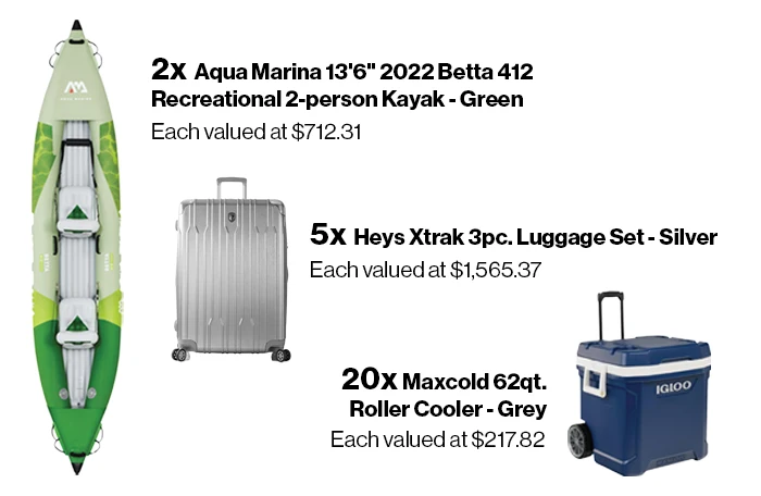 Showcasing the Aqua Marina Kayak, the Heys Xtrak luggage set, and the Maxcold Roller Cooler. 