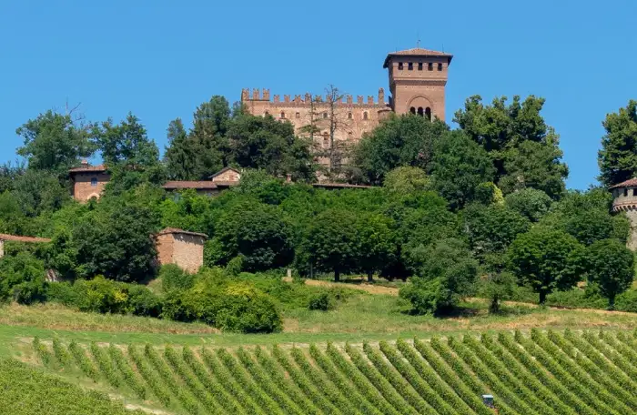 The Castello di Gabiano in Northen Italy behind a vineyard.