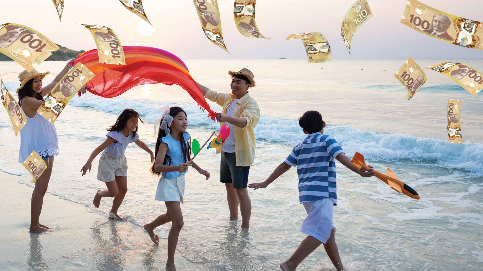 A family of five plays on a beach.