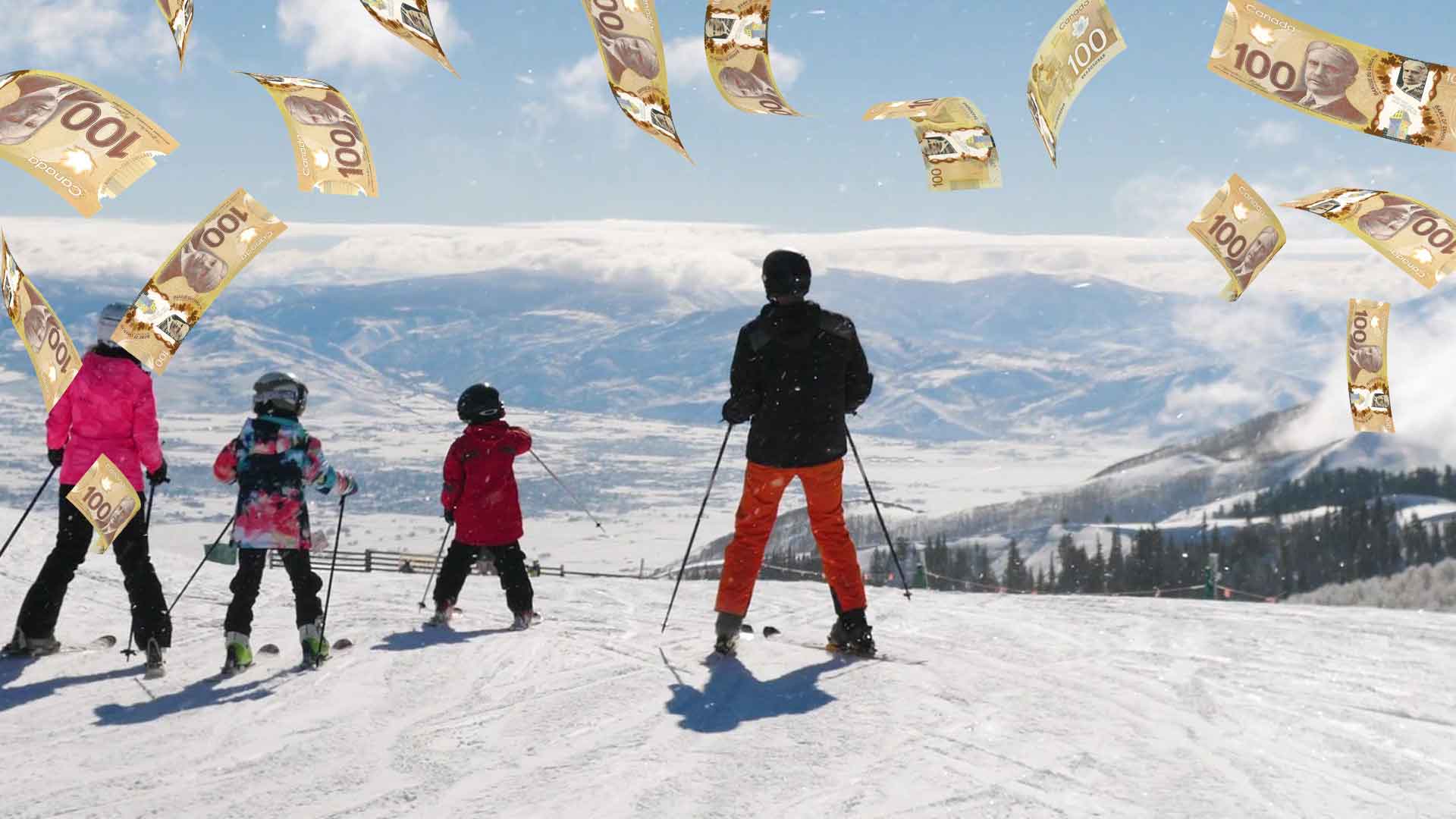 A family of four skiing together