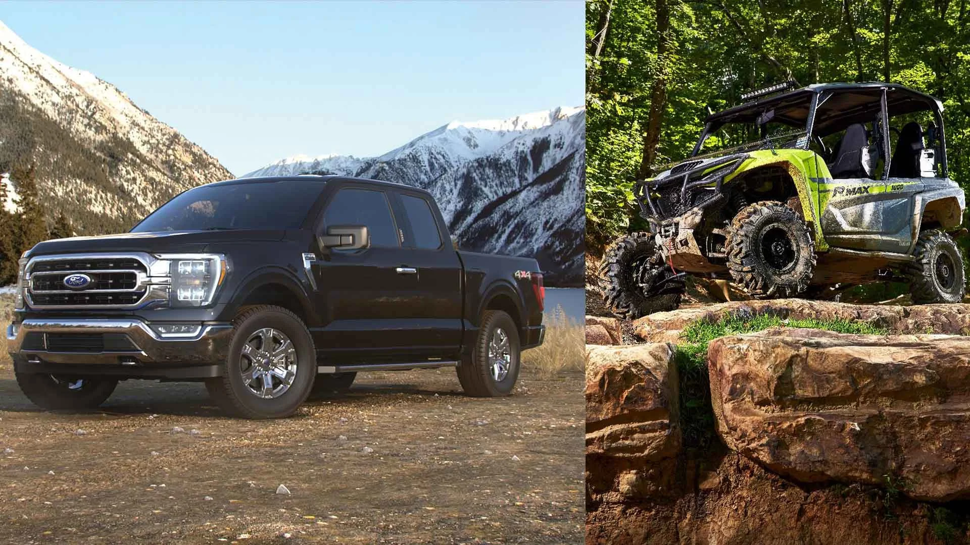 A split screen showing a Ford F-150 Lariat in one and a Yamaha Wolverine