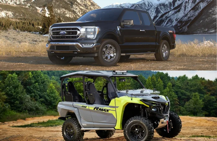 A split screen showing a Ford F-150 Lariat in one and a Yamaha Wolverine