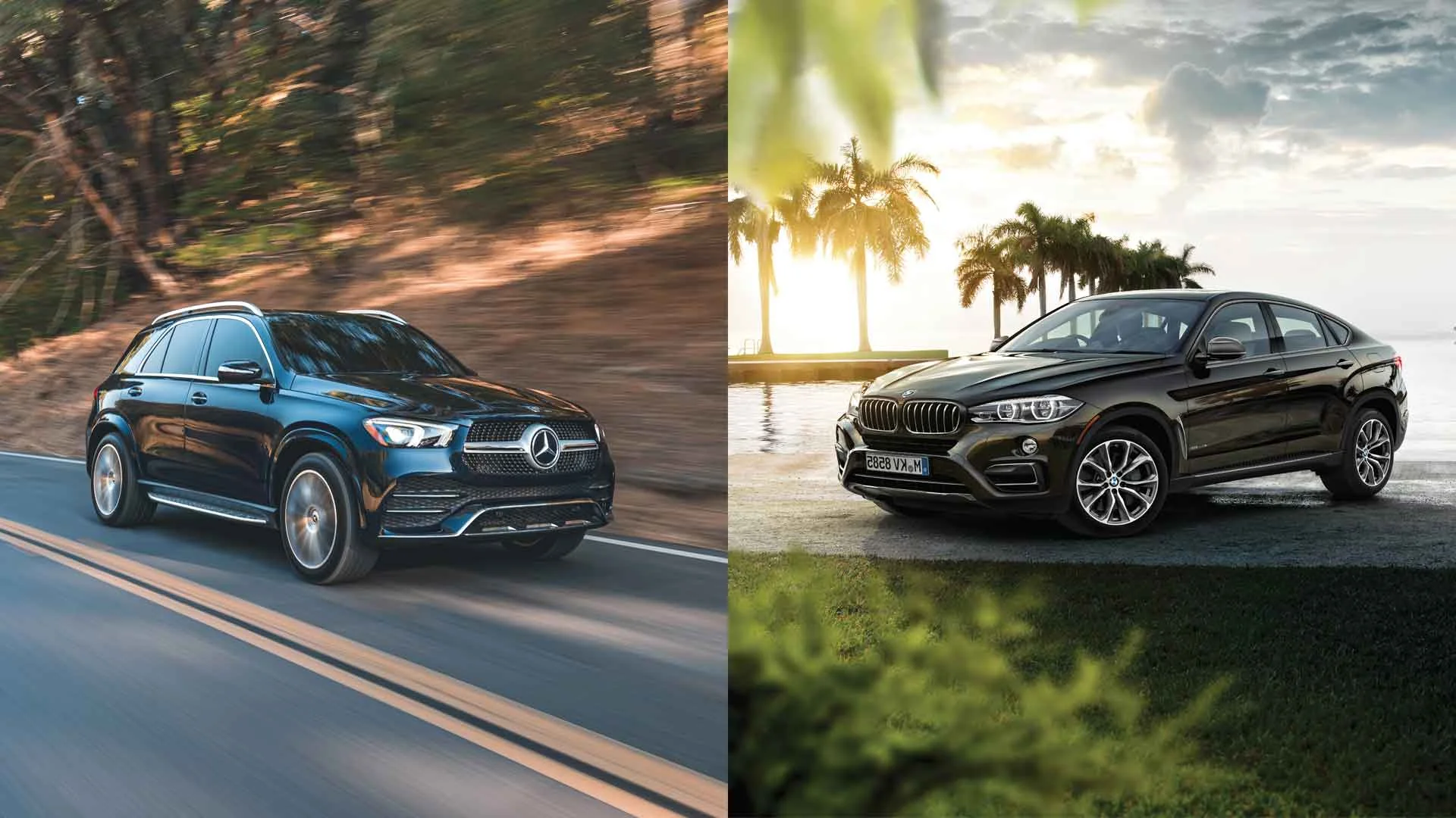 A split screen showing a BMW X6 one one side and a Mercedes-Benz GLE on the other.