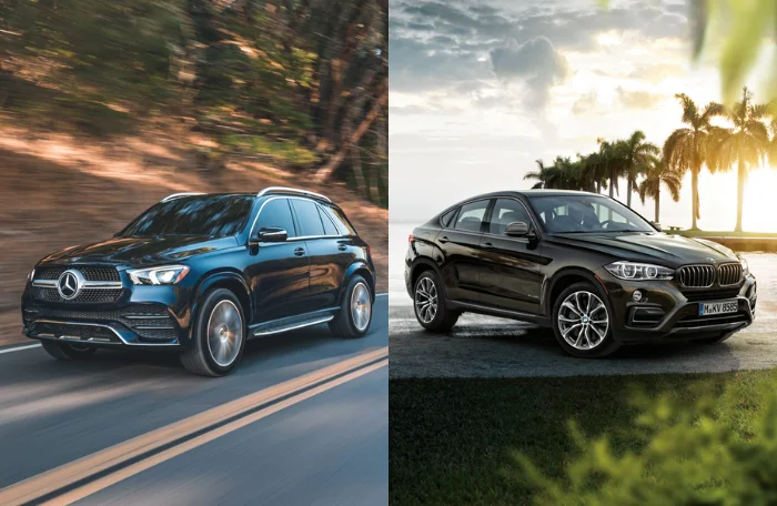 A split screen showing a BMW X6 one one side and a Mercedes-Benz GLE on the other.