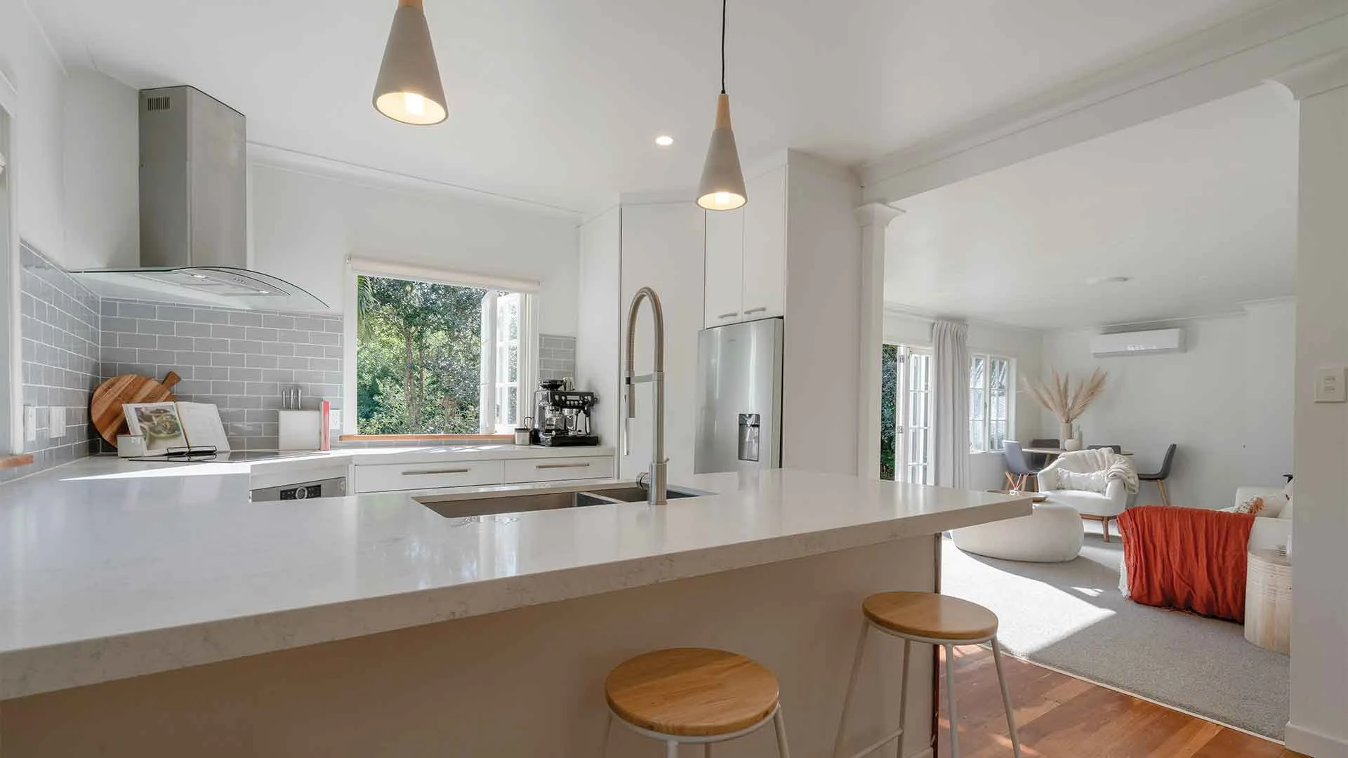 A newly renovated kitchen and living room.