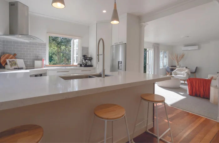 A newly renovated kitchen and living room.