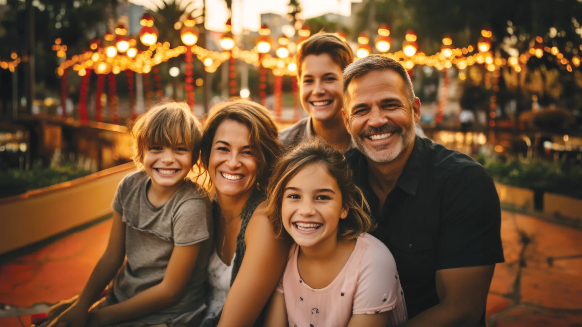 A couple with kids on vacation sitting in front of the amusement park