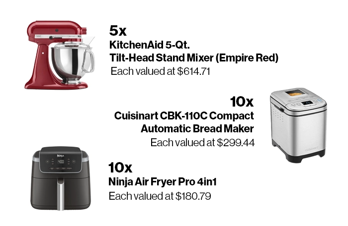 Showcasing the KitchenAid stand mixer, Cuisinart bread maker, and the Ninga air fryer.