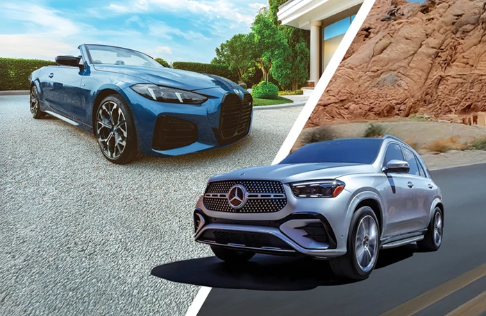 An image of a BMW M440i Cabriolet and a Mercedes-Benz GLE.
