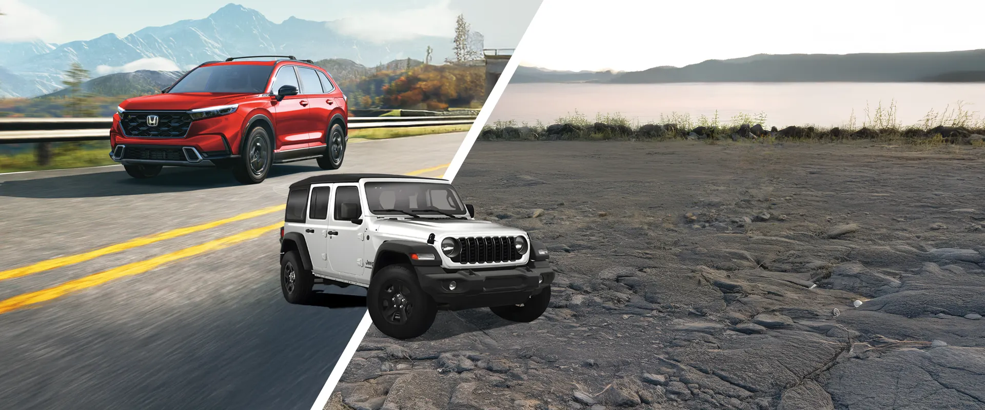 A Honda CRV Hybrid Touring and a Jeep Wrangler 4-Door Sport. 