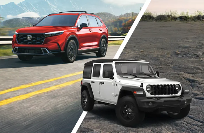 An image of a Honda CRV Hybrid and a Jeep Wrangler 4-Door Sport.