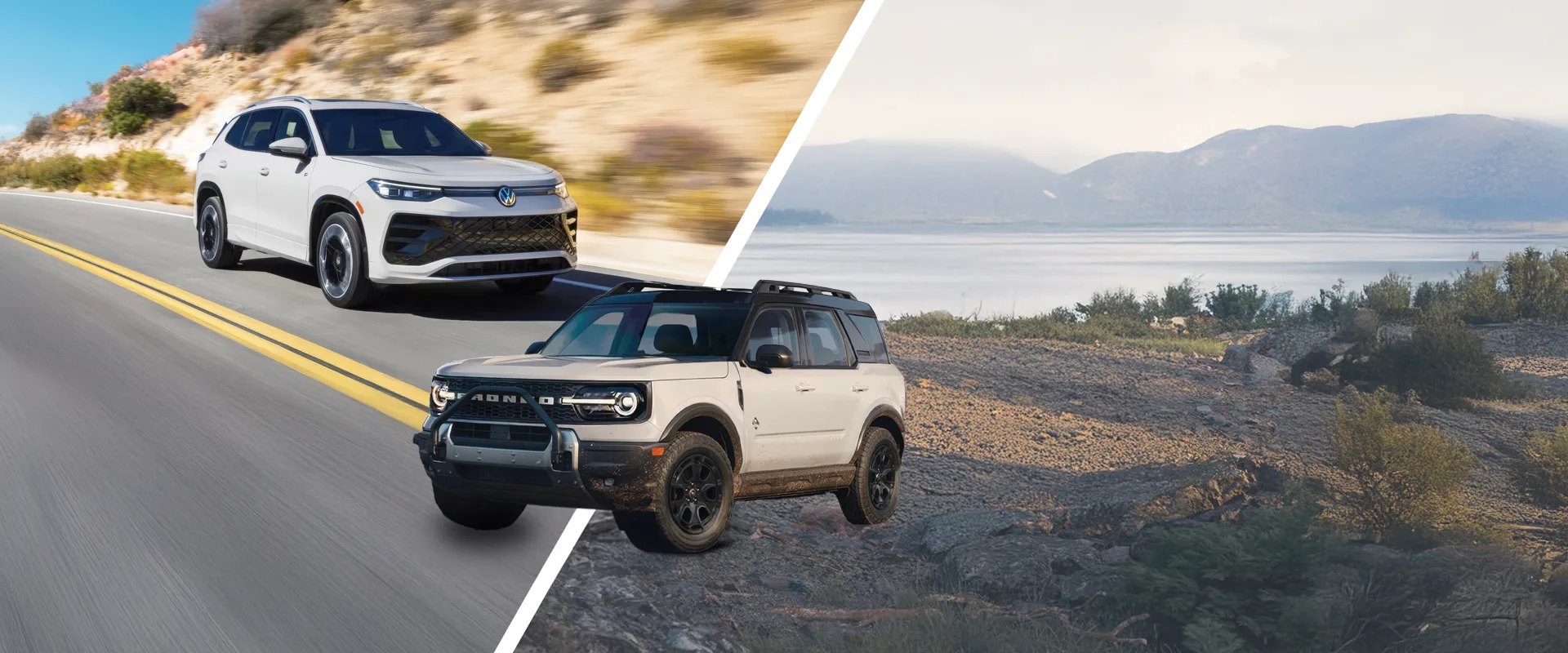 An image of a Volkswagen Tiguan and a Ford Bronco