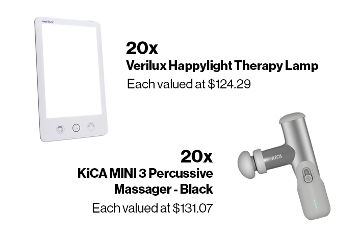 Showcasing the Verilux HappyLight Therapy Lamp and the Kica MINI 3Percussive Massager