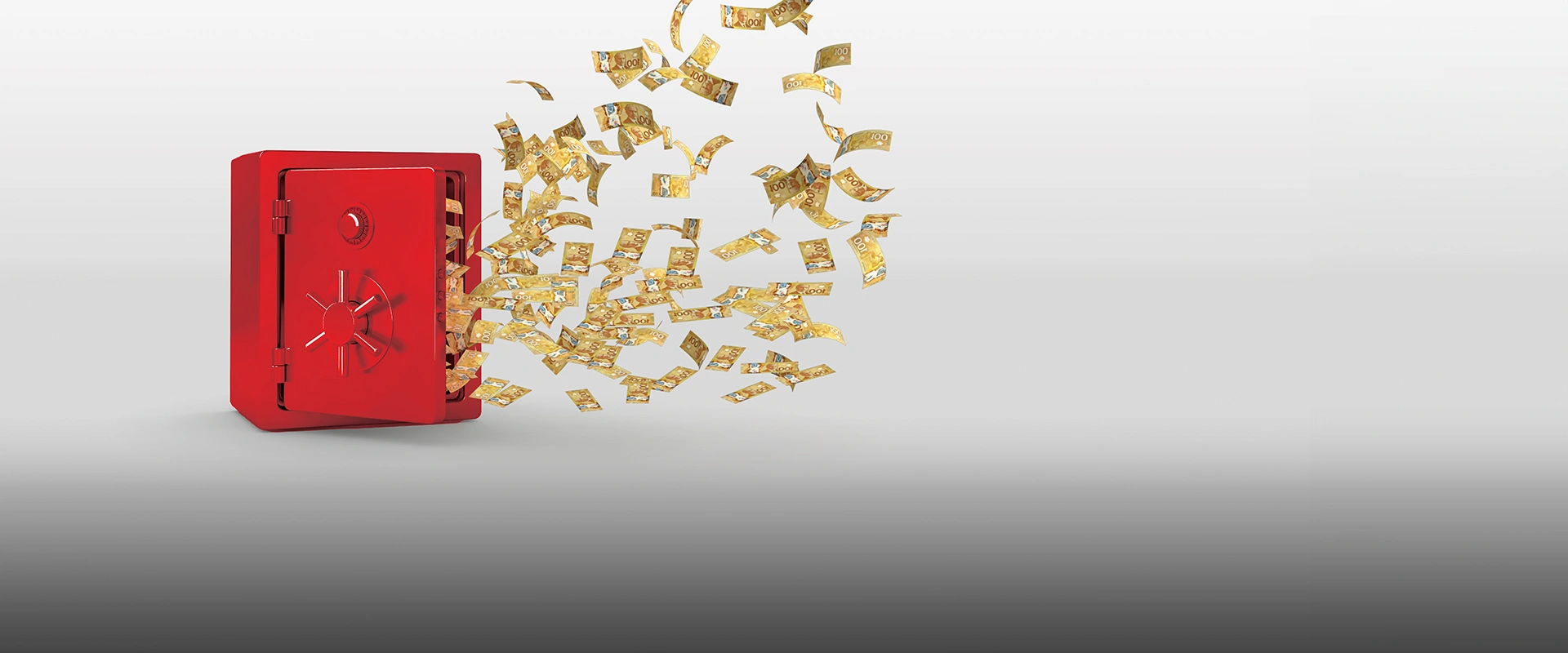 Bank notes flying out of a red safe