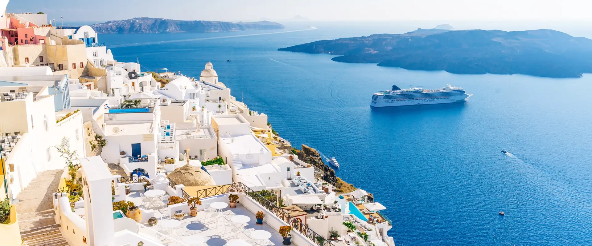 A view of the coastline of a Greek island.