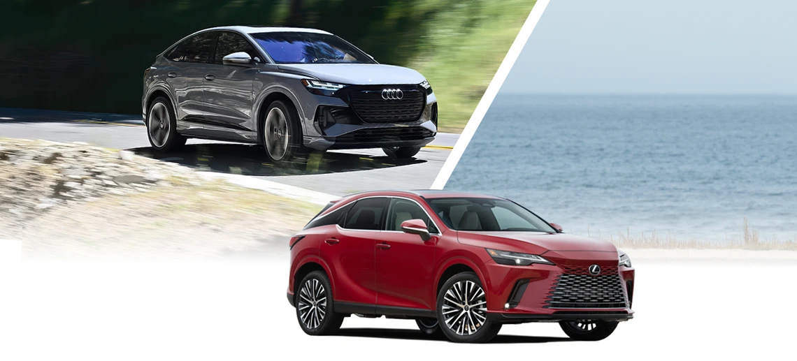 An Audi Q4 Sportback e-tron and a Lexus RX 350h. 