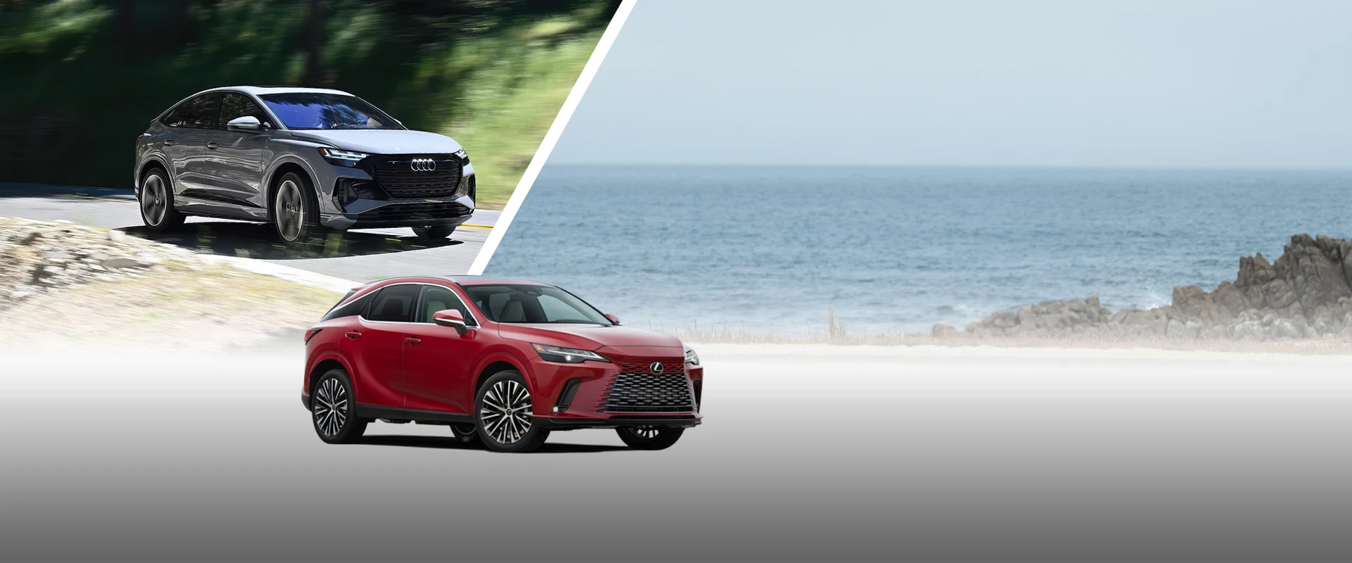 An Audi Q4 Sportback e-tron and a Lexus RX 350h. 