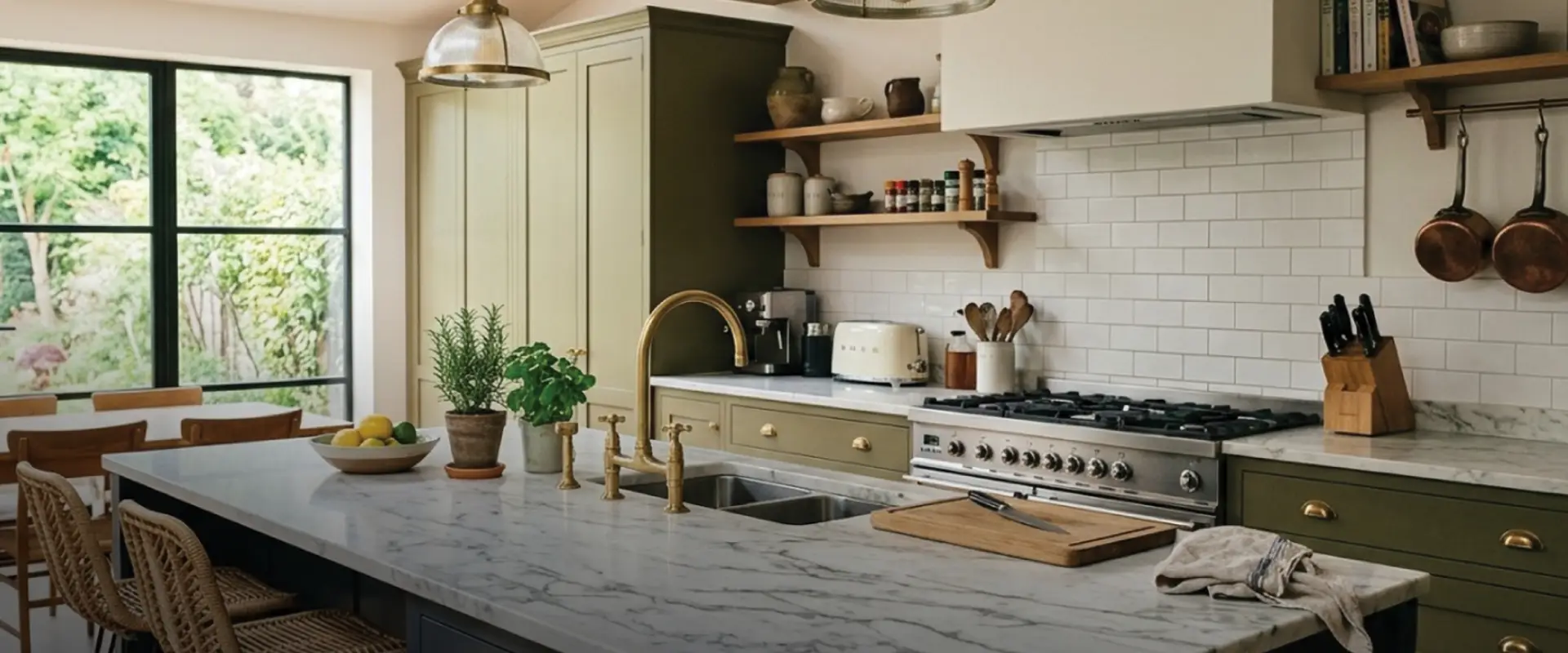 Bright, modern luxury kitchen featuring an oversized island, premium appliances, elegant cabinetry, and sophisticated design details. 