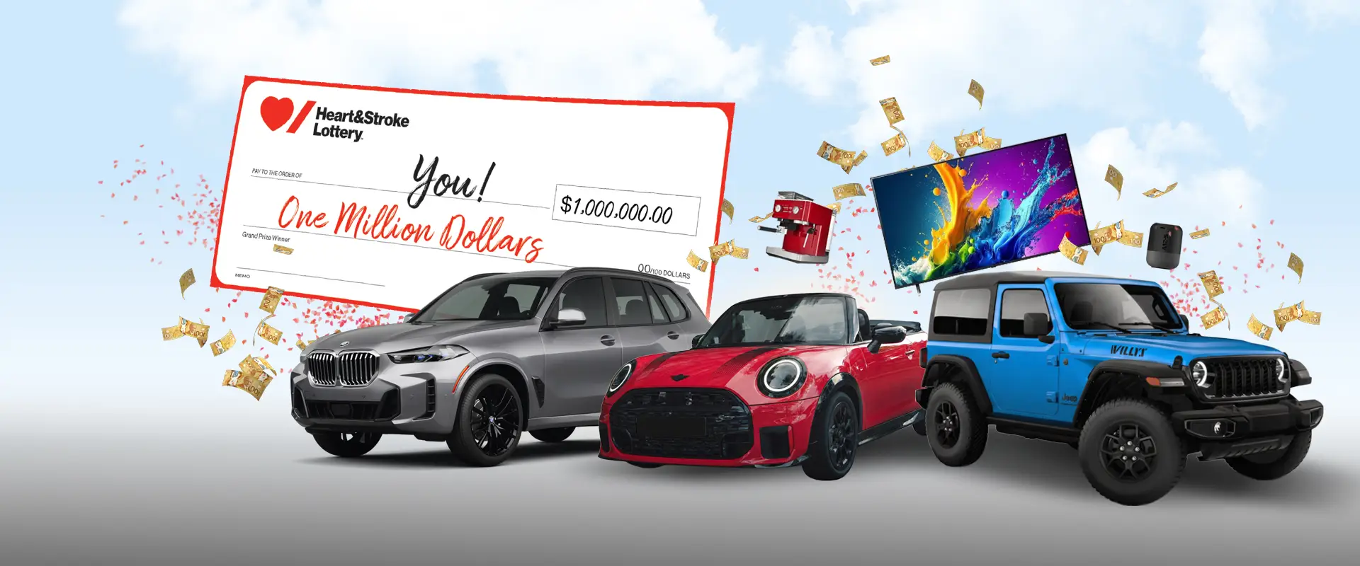  Image of prizes to be awarded in the Heart & Stroke Winter 2027 Lottery - including luxury cars, cash, TV etc.