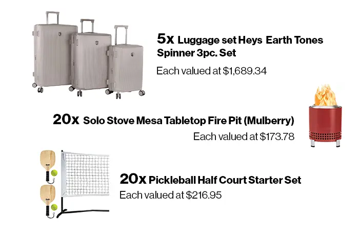 Heys Earth Tones Spinner 3pc. Luggage Set, Solo Stove Mesa Tabletop Fire Pit, & Pickleball Half Court Starter Set