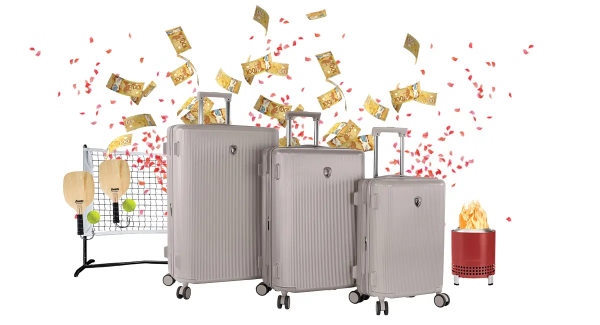 Showcasing Heys Earth Tones Spinner 3pc. Luggage Set, Solo Stove Mesa Tabletop Fire Pit, Pickleball Half Court Starter Set, followed by 6 retailer logos in front of red confetti and flying cash bills.