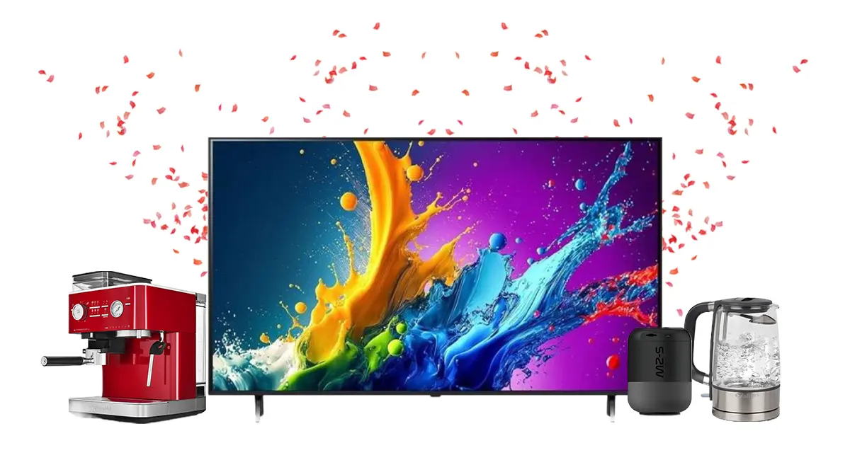 Showcasing the electronics and appliances prizes – LG 50" Smart TV, KitchenAid Espresso Machine, Cuisinart Electric Kettle, Veho Wireless Speaker