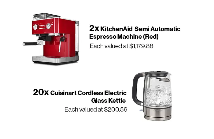 Showcasing the electronics and appliances prizes – LG 50" Smart TV, KitchenAid Espresso Machine, Cuisinart Electric Kettle, Veho Wireless Speaker