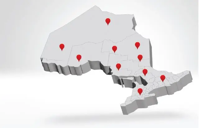 Various red drop pins over the Ontario map 