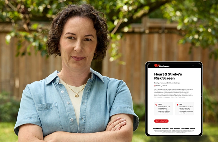 Adria Scarano standing with her arms crossed. In the bottom right, a laptop and a smartphone displaying the Risk Screen tool.
